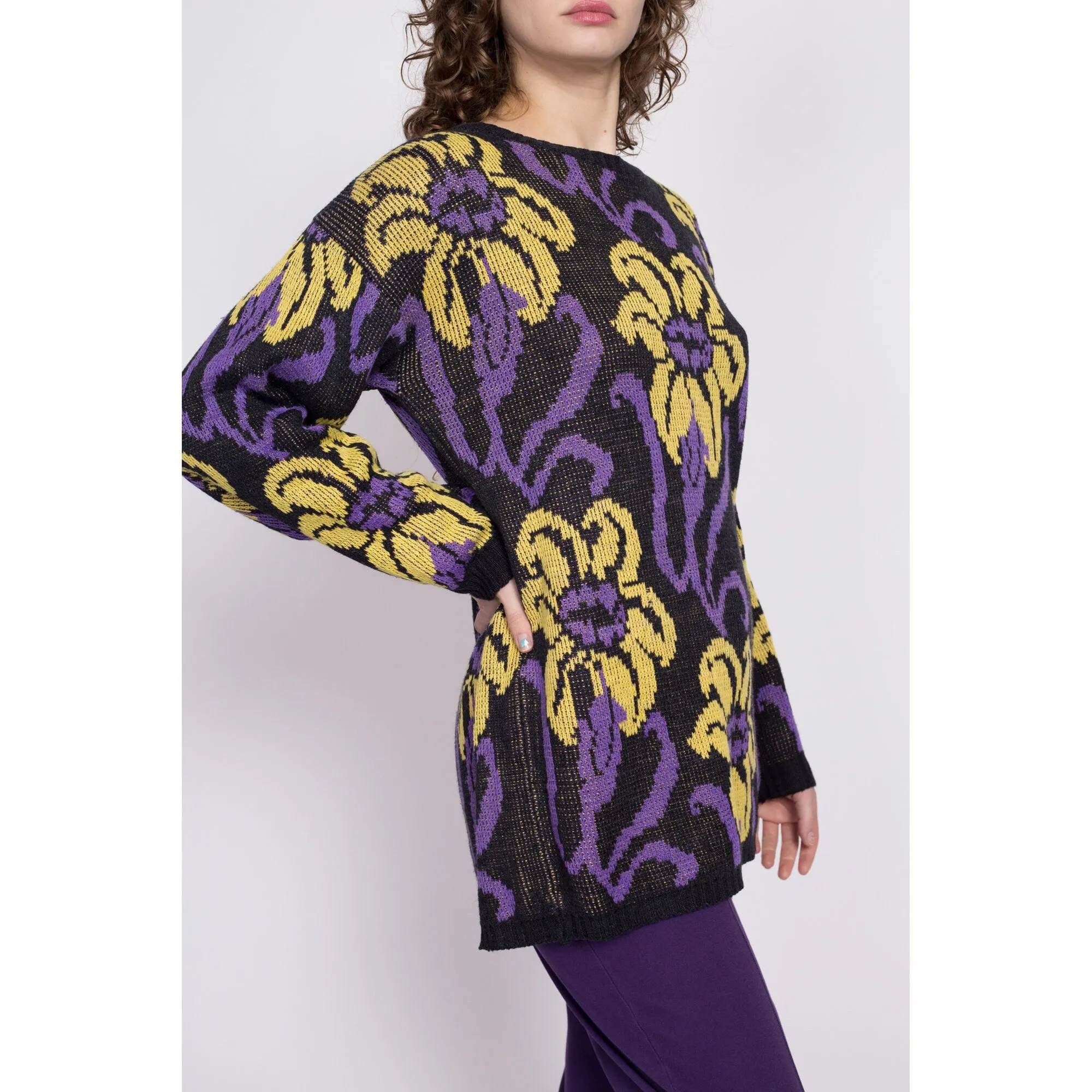 80s Lily Flower Knit Sweater - Extra Large
