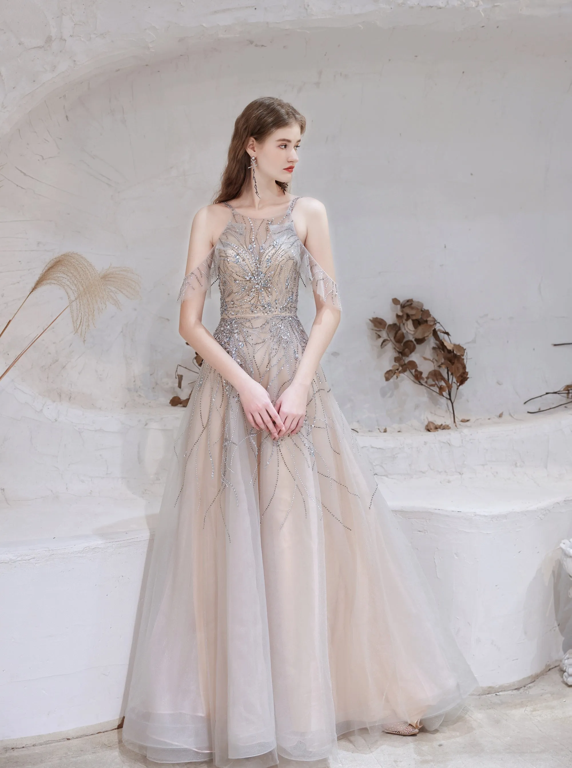 A Line Bateau Prom Dress, Long Neck With Train Sleeveless Zipper Formal Party Dresses