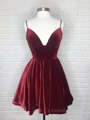 A Line V Neck Short Burgundy Prom Dresses Short Wine Red Formal Homecoming Dresses