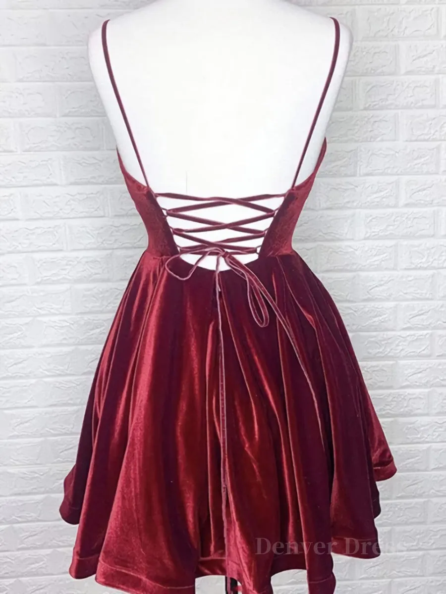 A Line V Neck Short Burgundy Prom Dresses Short Wine Red Formal Homecoming Dresses