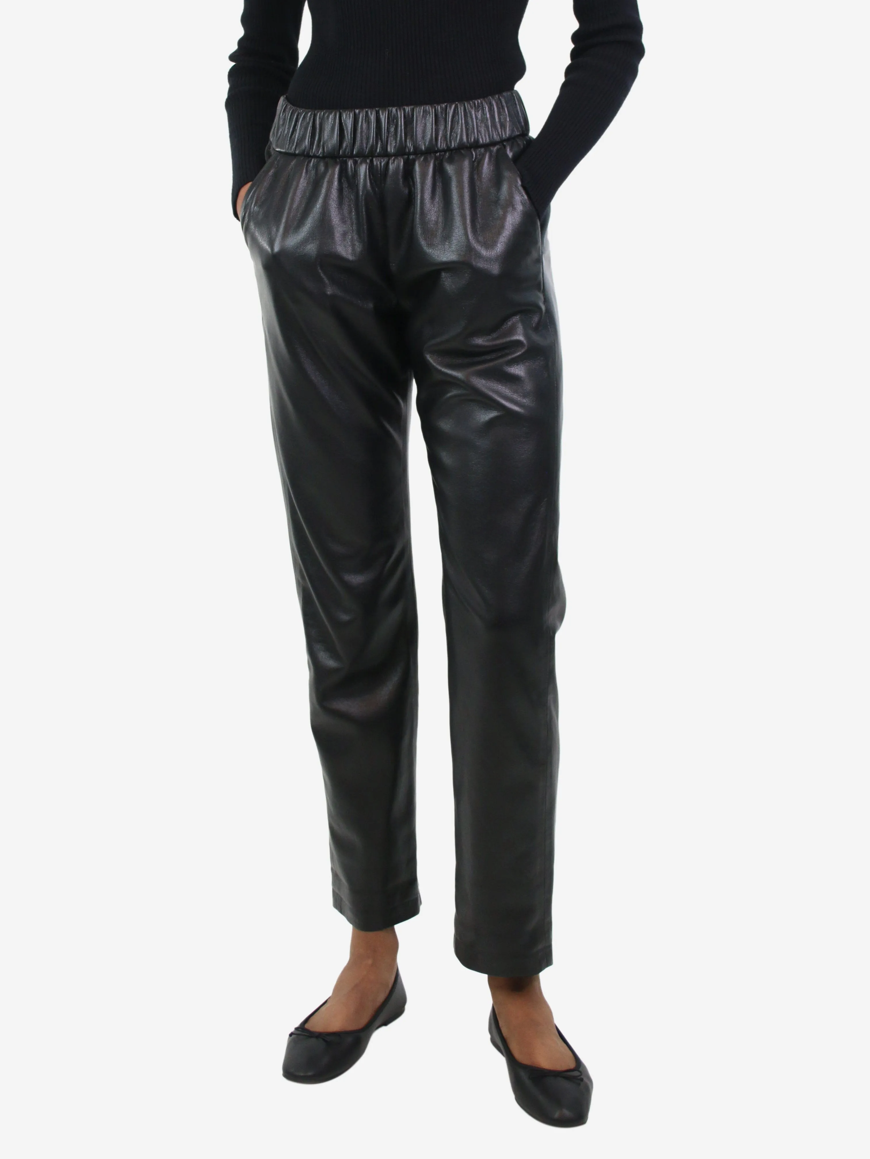 Black elasticated faux-leather trousers - size XS