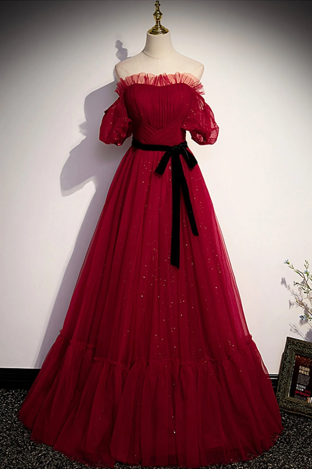 Burgundy Tulle Long Prom Dresses A-Line Evening Dresses
