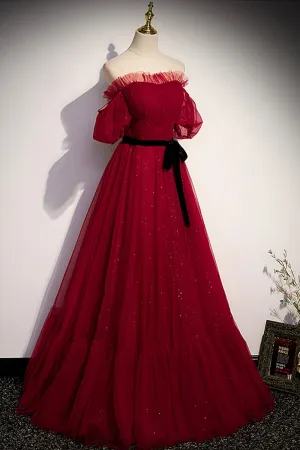 Burgundy Tulle Long Prom Dresses A-Line Evening Dresses