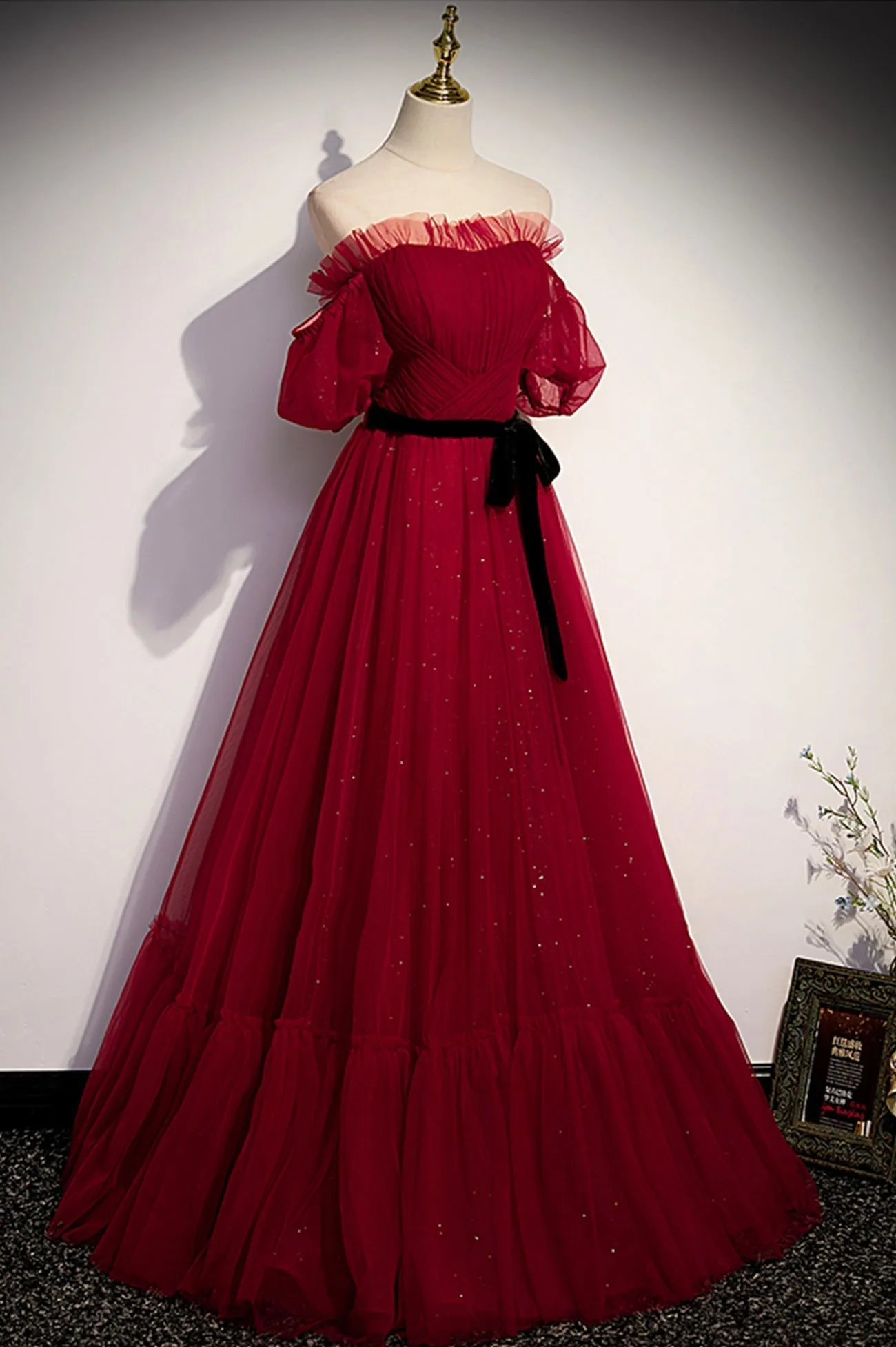 Burgundy Tulle Long Prom Dresses A-Line Evening Dresses