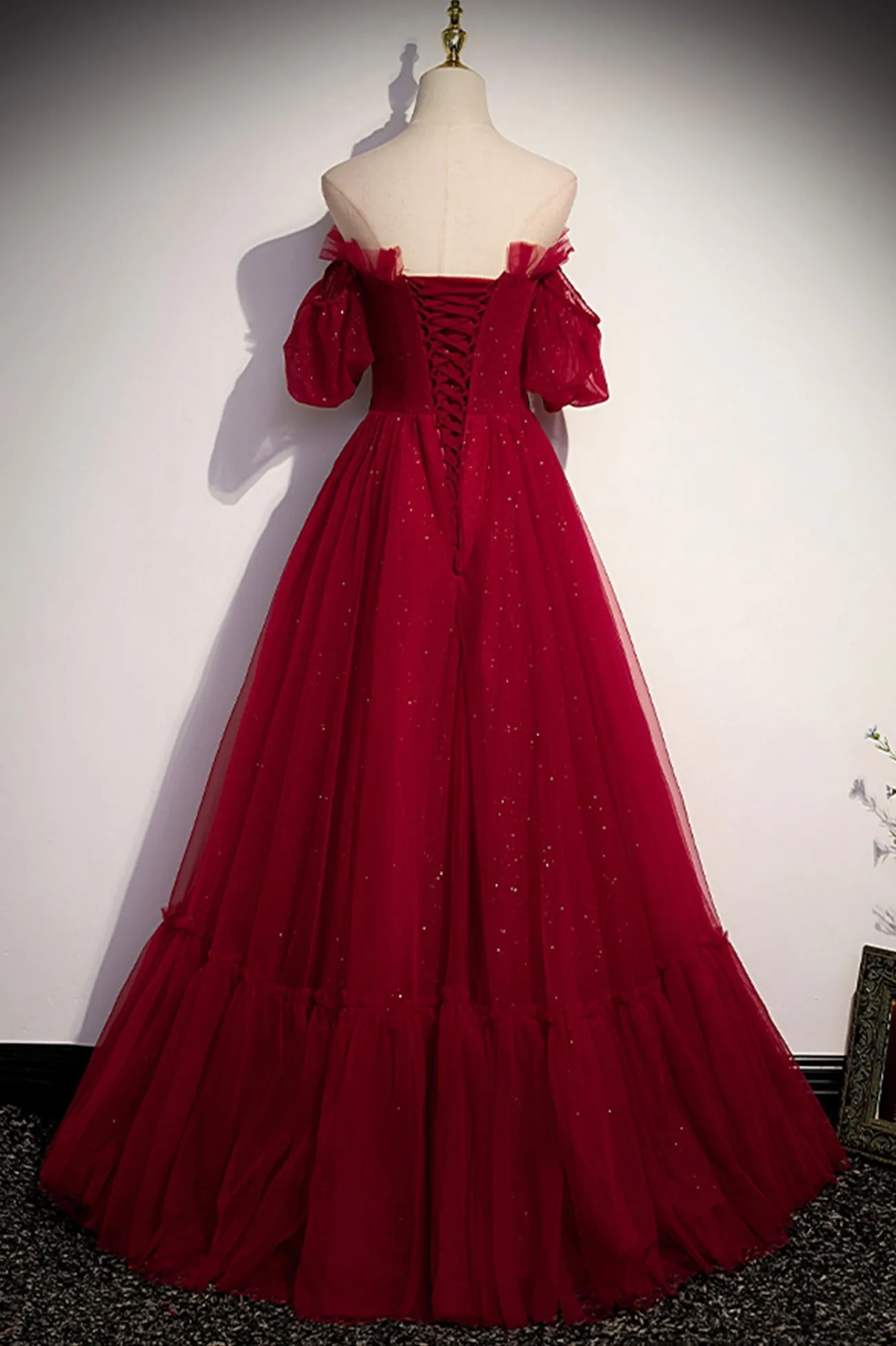 Burgundy Tulle Long Prom Dresses A-Line Evening Dresses