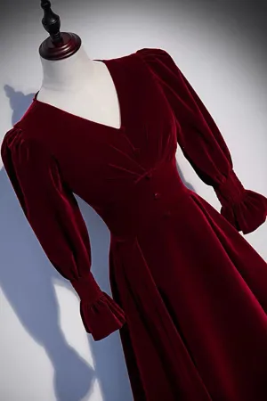 Burgundy Velvet Long Prom Dresses A-Line Long Sleeve Evening Dresses