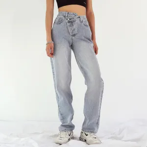Button Up Jeans for Women Irregular High Waisted Straight Baggy Jeans