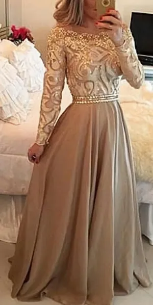 Champagne Beading Lace Rvrning Long Sleeves A Line Prom Dresses