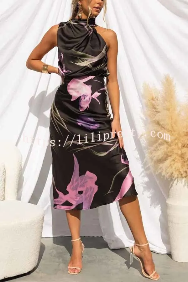 Delightful Charm Satin Floral Print High Neck Midi Dress