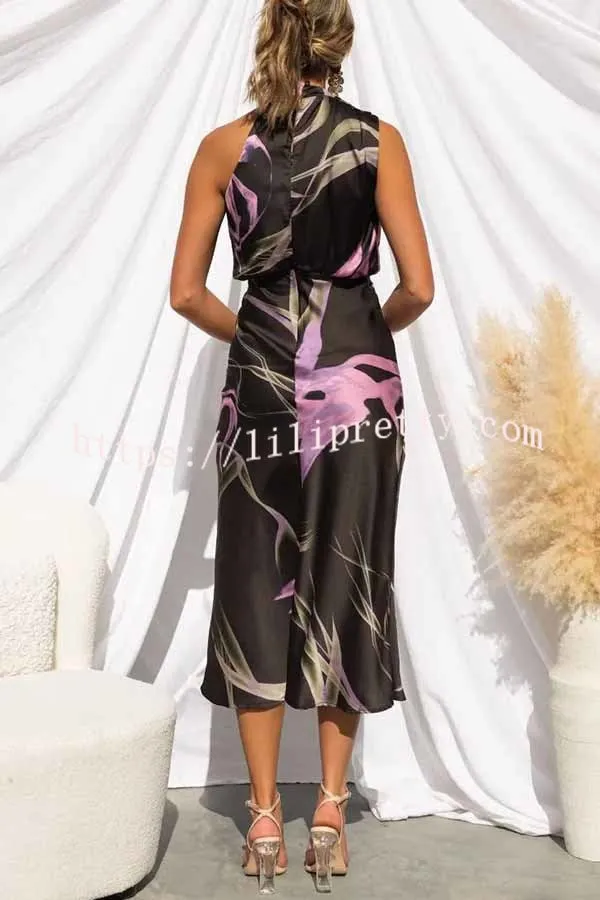 Delightful Charm Satin Floral Print High Neck Midi Dress