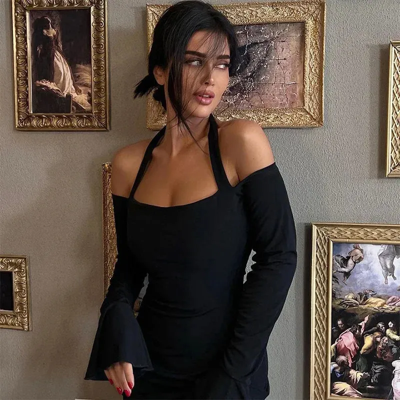 Flare Sleeve Halter Split Backless Midi Dress