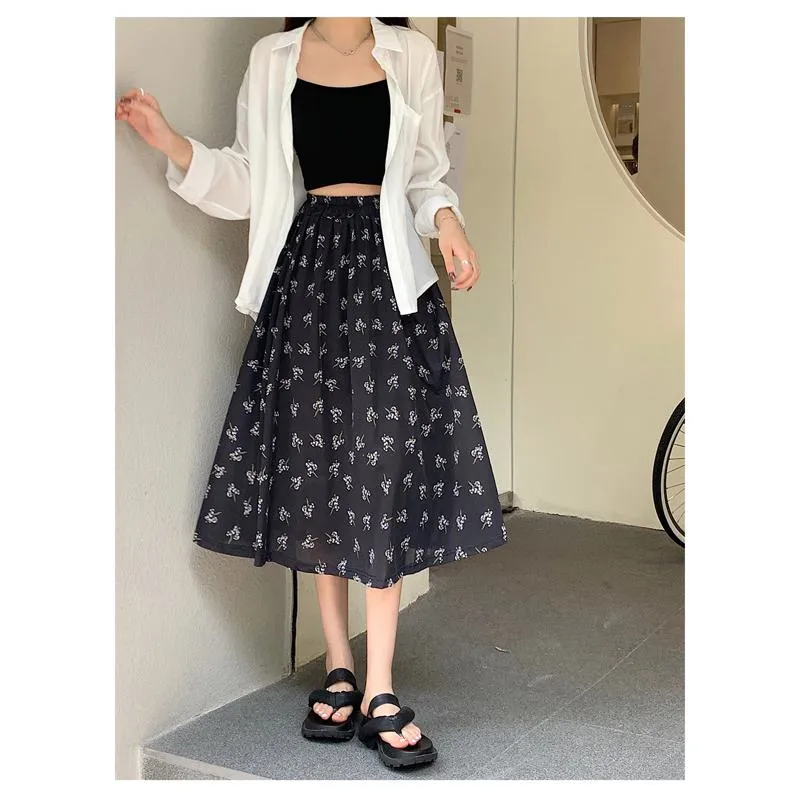 Floral Print Slimming Plus Mesh Skirt