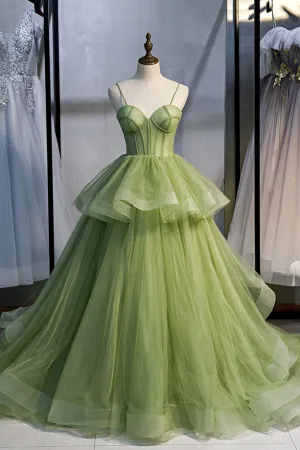 Green Tulle Long Prom Dresses A-Line Evening Dresses with Train