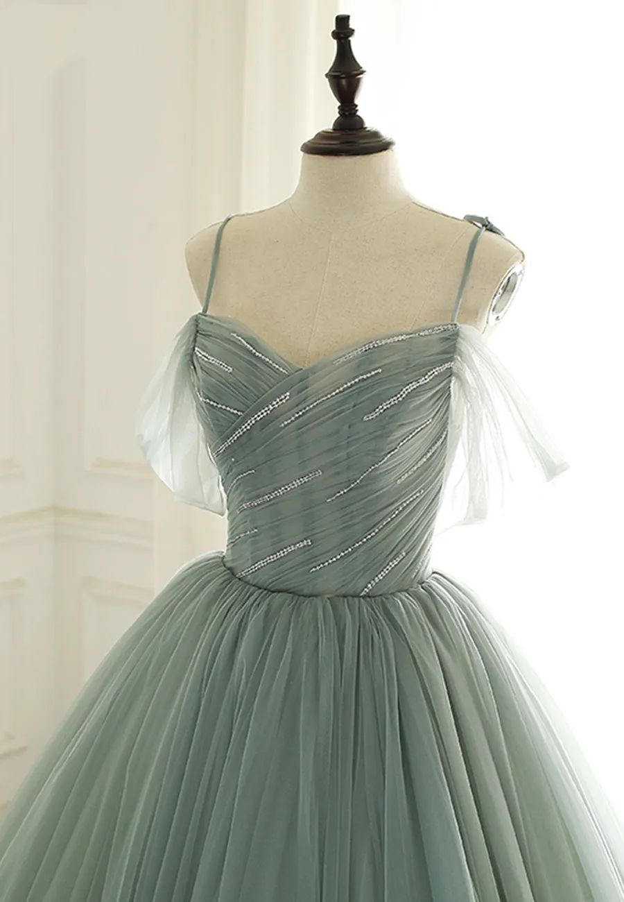 Green Tulle Long Prom Dresses A-Line Spaghetti Straps Evening Dresses