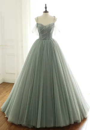 Green Tulle Long Prom Dresses A-Line Spaghetti Straps Evening Dresses