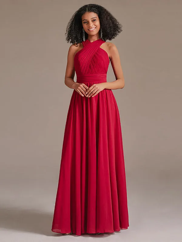 Halter Crisscross A Line Pleated Chiffon Bridesmaid Dresses