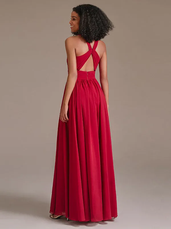 Halter Crisscross A Line Pleated Chiffon Bridesmaid Dresses