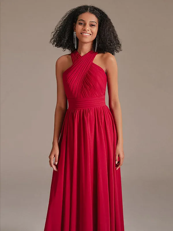 Halter Crisscross A Line Pleated Chiffon Bridesmaid Dresses