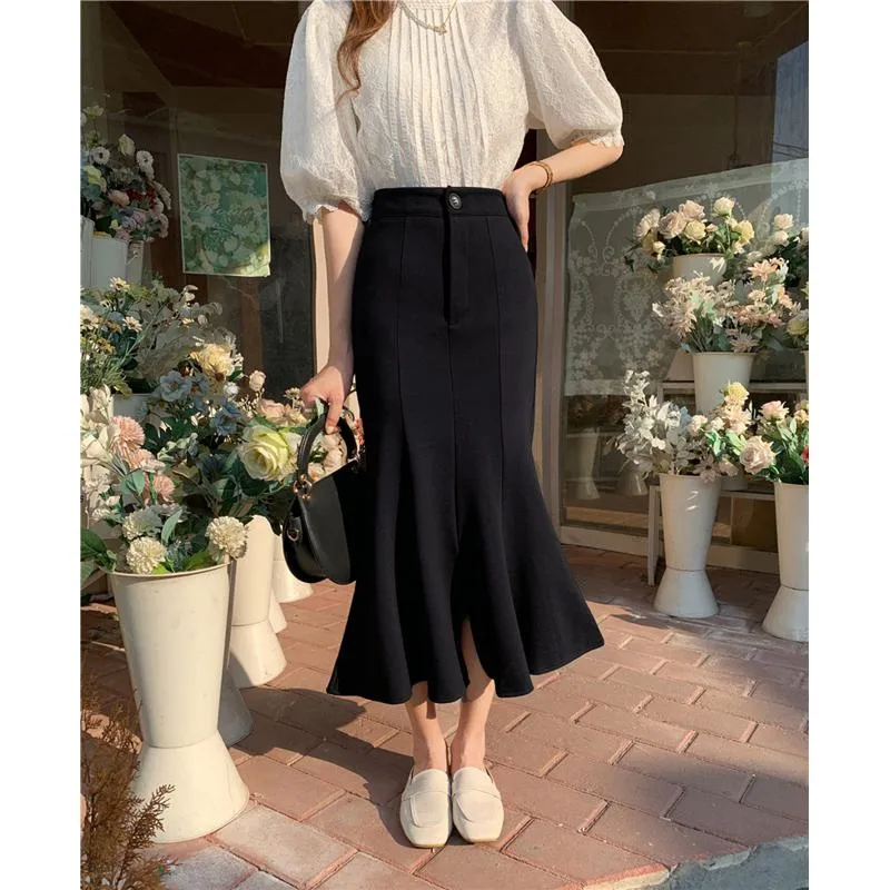 High-Waisted Ruffle Trim Split Long Style Mermaid Hem Skirt