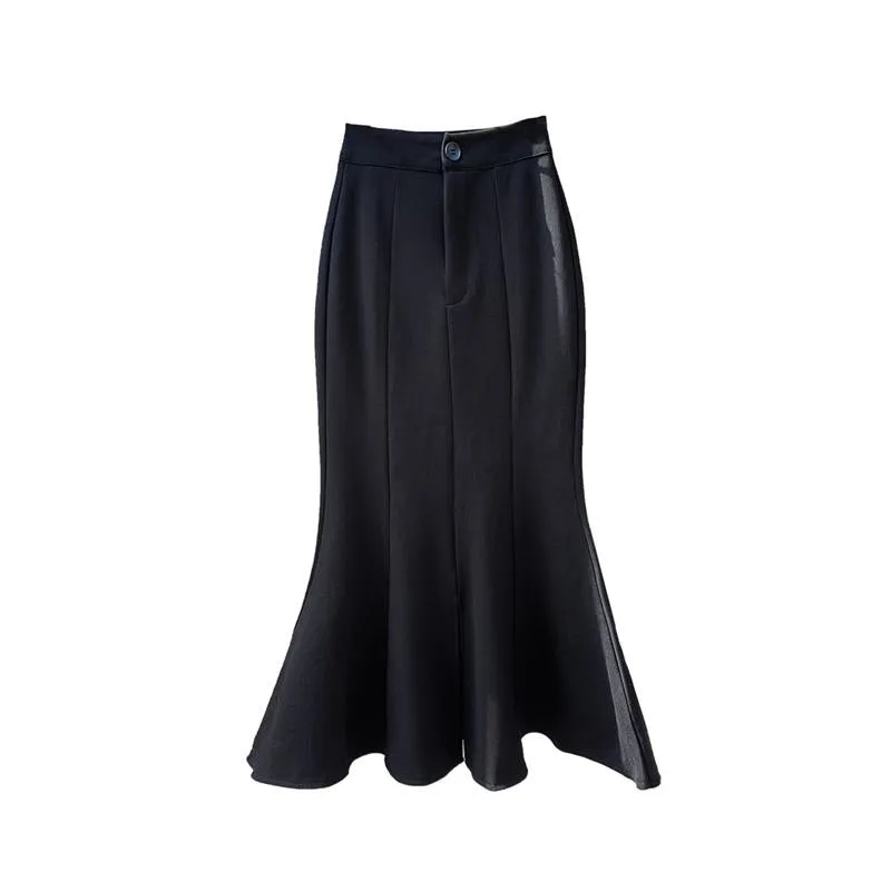 High-Waisted Ruffle Trim Split Long Style Mermaid Hem Skirt