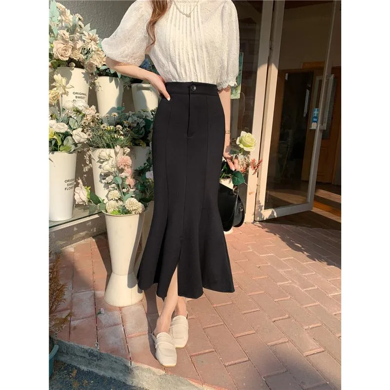 High-Waisted Ruffle Trim Split Long Style Mermaid Hem Skirt
