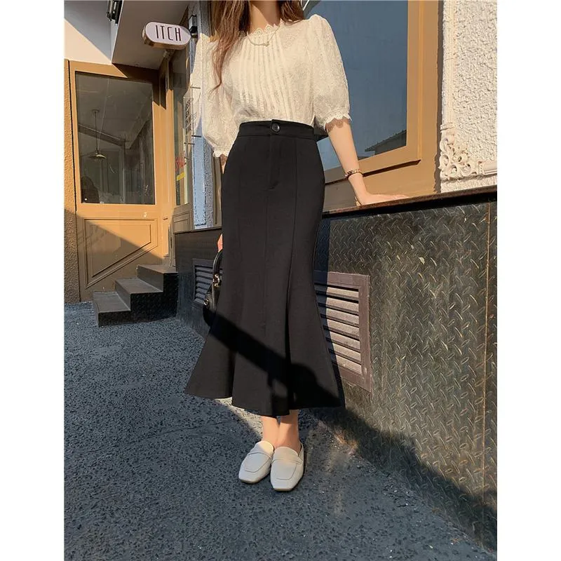 High-Waisted Ruffle Trim Split Long Style Mermaid Hem Skirt