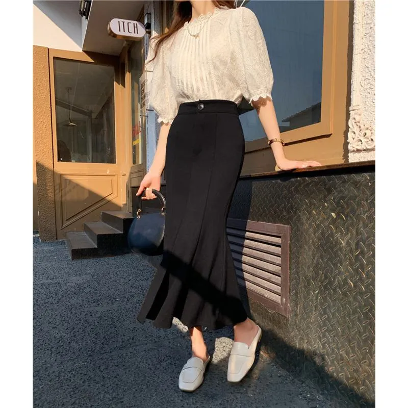 High-Waisted Ruffle Trim Split Long Style Mermaid Hem Skirt