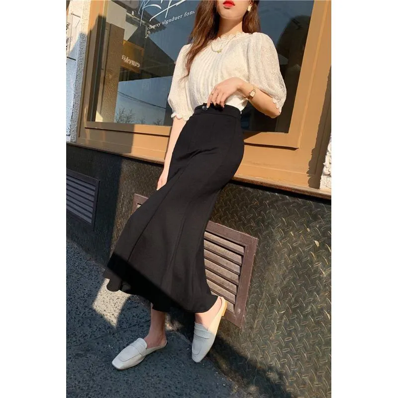 High-Waisted Ruffle Trim Split Long Style Mermaid Hem Skirt