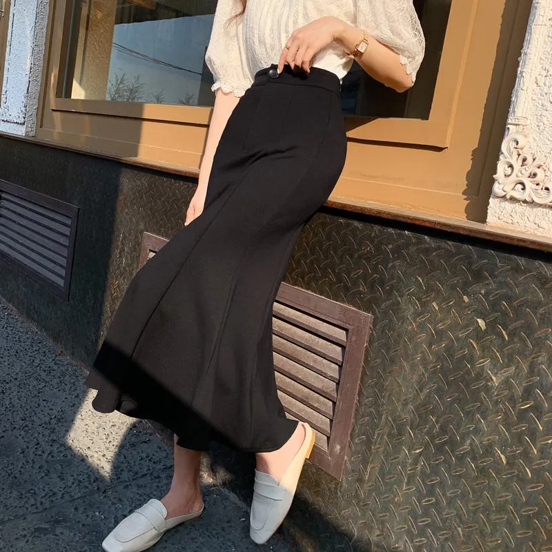 High-Waisted Ruffle Trim Split Long Style Mermaid Hem Skirt