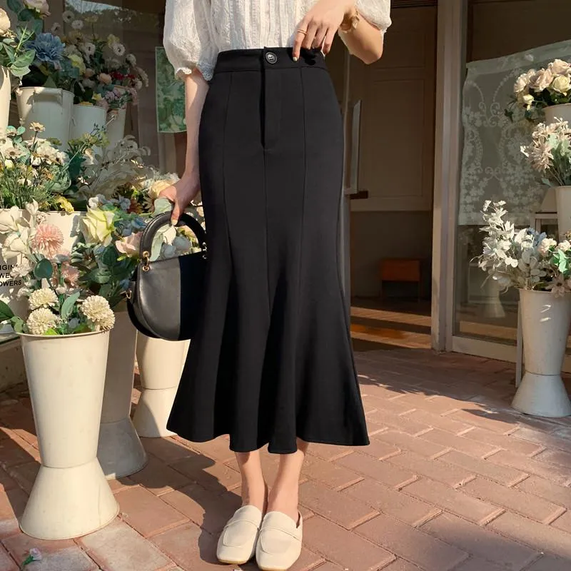 High-Waisted Ruffle Trim Split Long Style Mermaid Hem Skirt