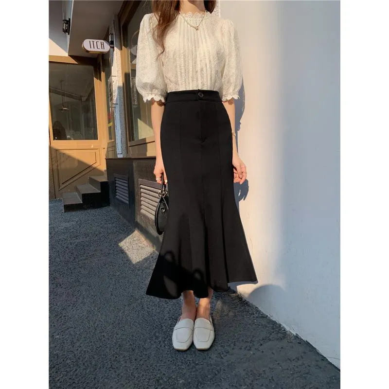 High-Waisted Ruffle Trim Split Long Style Mermaid Hem Skirt