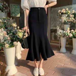 High-Waisted Ruffle Trim Split Long Style Mermaid Hem Skirt
