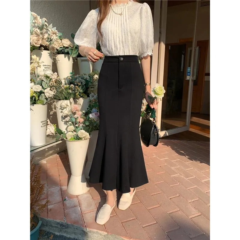 High-Waisted Ruffle Trim Split Long Style Mermaid Hem Skirt