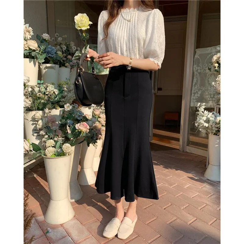 High-Waisted Ruffle Trim Split Long Style Mermaid Hem Skirt