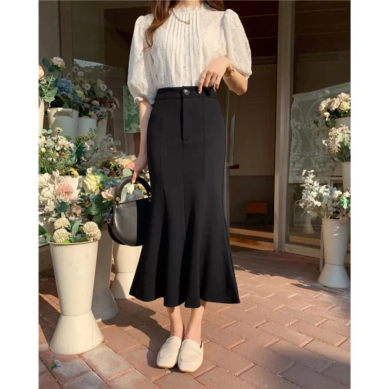 High-Waisted Ruffle Trim Split Long Style Mermaid Hem Skirt