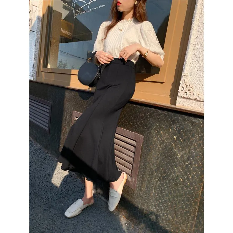 High-Waisted Ruffle Trim Split Long Style Mermaid Hem Skirt