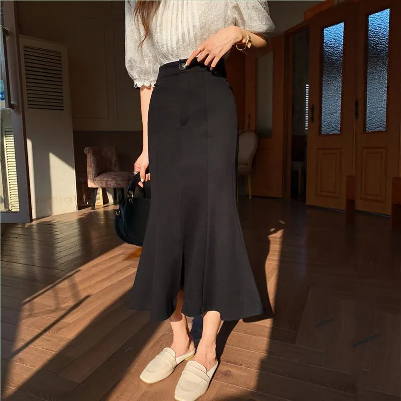 High-Waisted Ruffle Trim Split Long Style Mermaid Hem Skirt