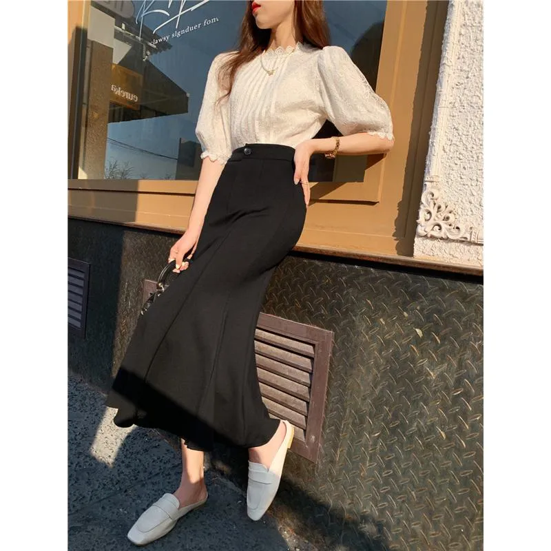 High-Waisted Ruffle Trim Split Long Style Mermaid Hem Skirt