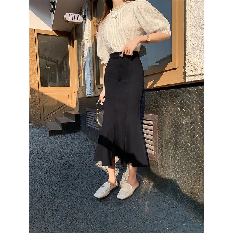 High-Waisted Ruffle Trim Split Long Style Mermaid Hem Skirt