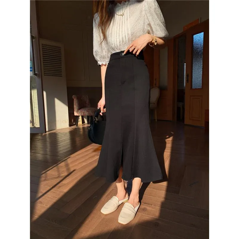High-Waisted Ruffle Trim Split Long Style Mermaid Hem Skirt