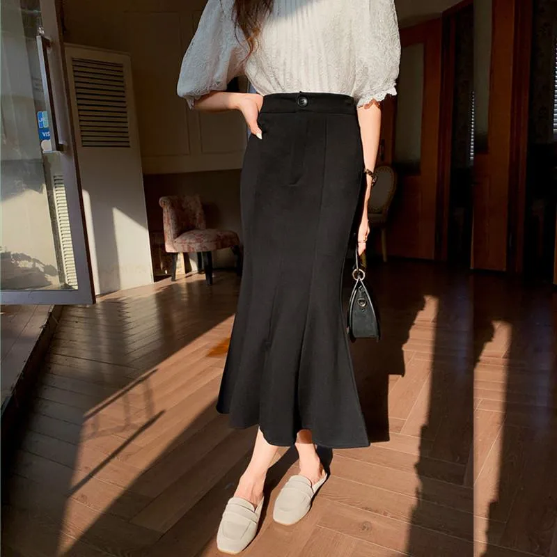 High-Waisted Ruffle Trim Split Long Style Mermaid Hem Skirt