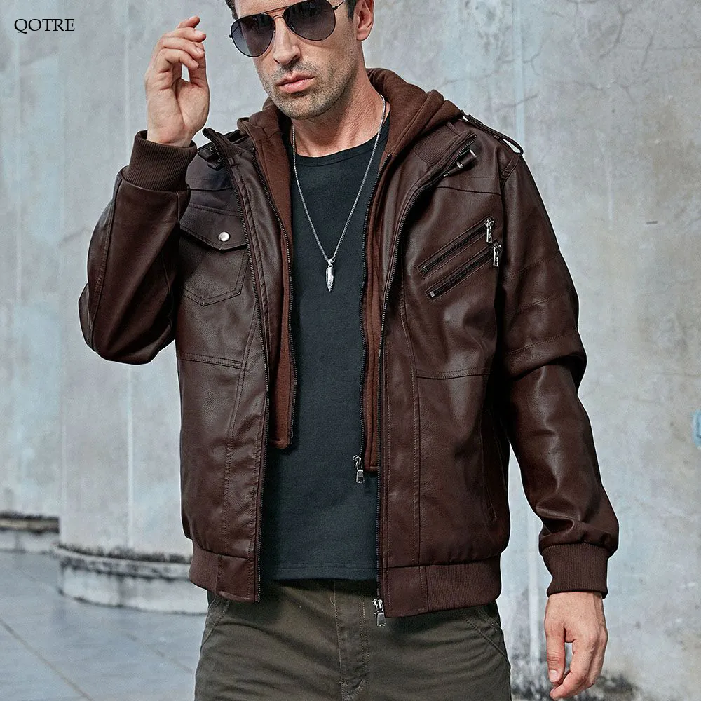 Hooded Stand-Up Collar Detachable Leather Jacket