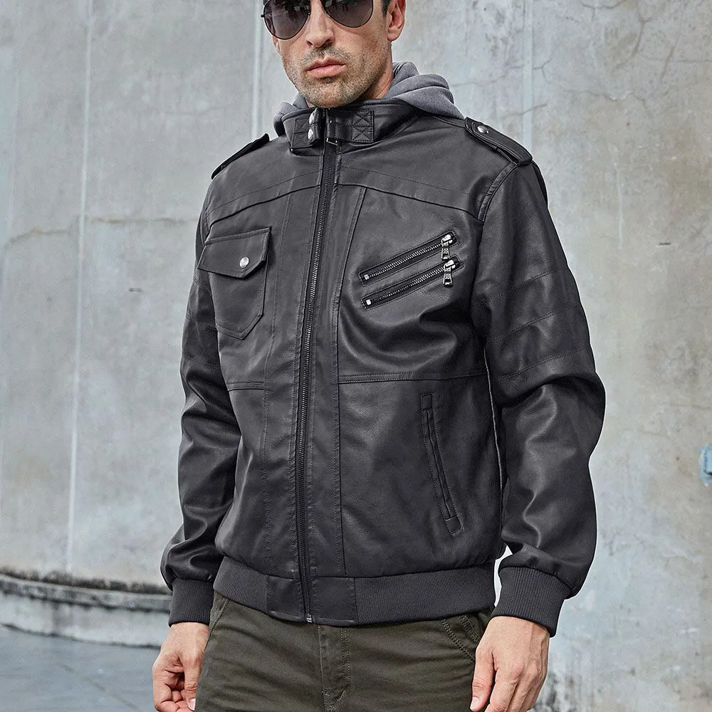 Hooded Stand-Up Collar Detachable Leather Jacket