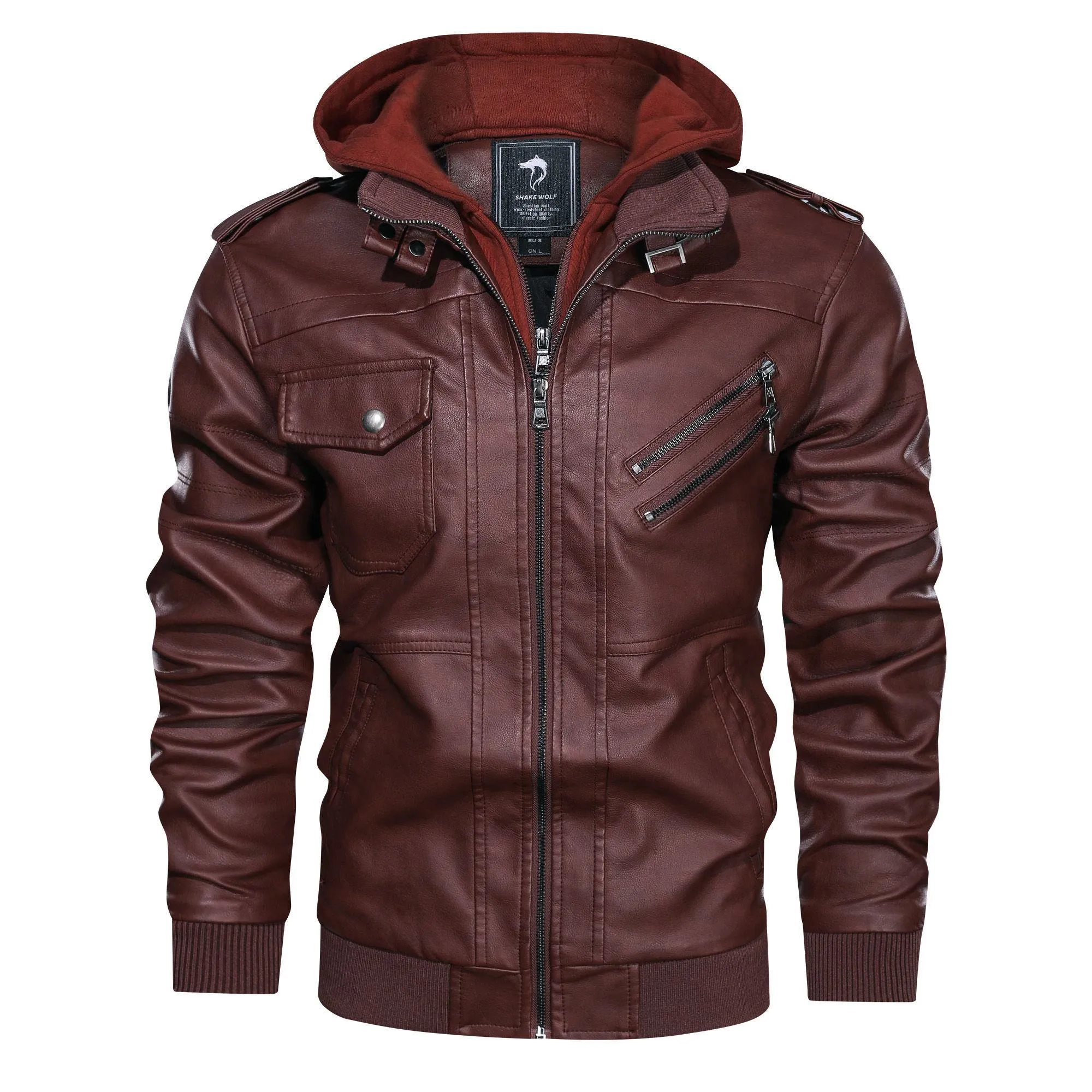 Hooded Stand-Up Collar Detachable Leather Jacket