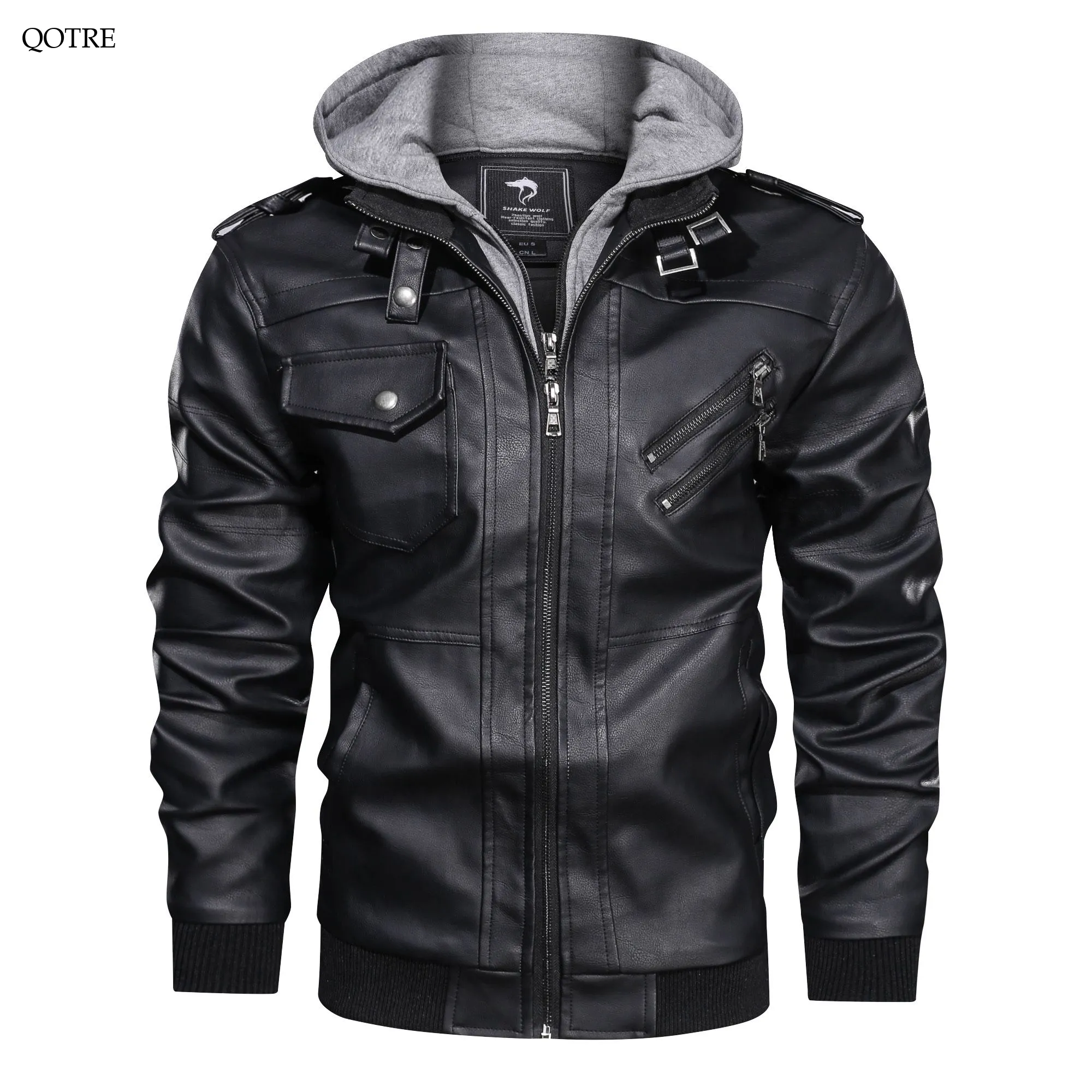 Hooded Stand-Up Collar Detachable Leather Jacket