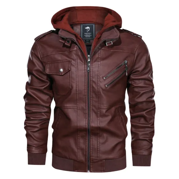 Hooded Stand-Up Collar Detachable Leather Jacket
