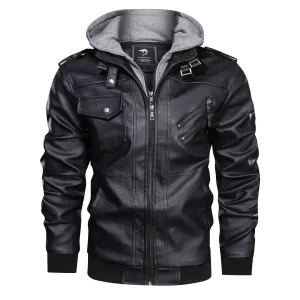 Hooded Stand-Up Collar Detachable Leather Jacket