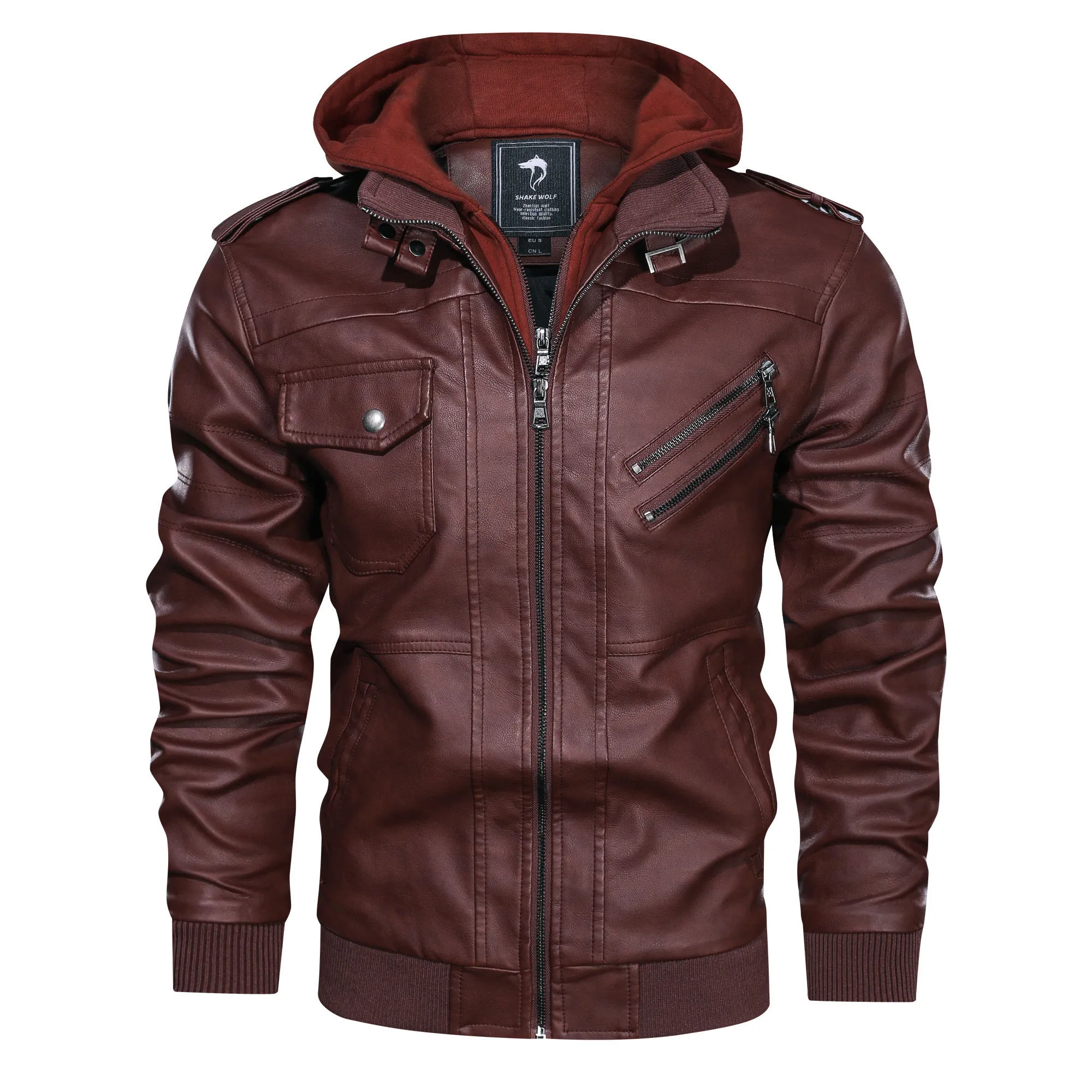 Hooded Stand-Up Collar Detachable Leather Jacket