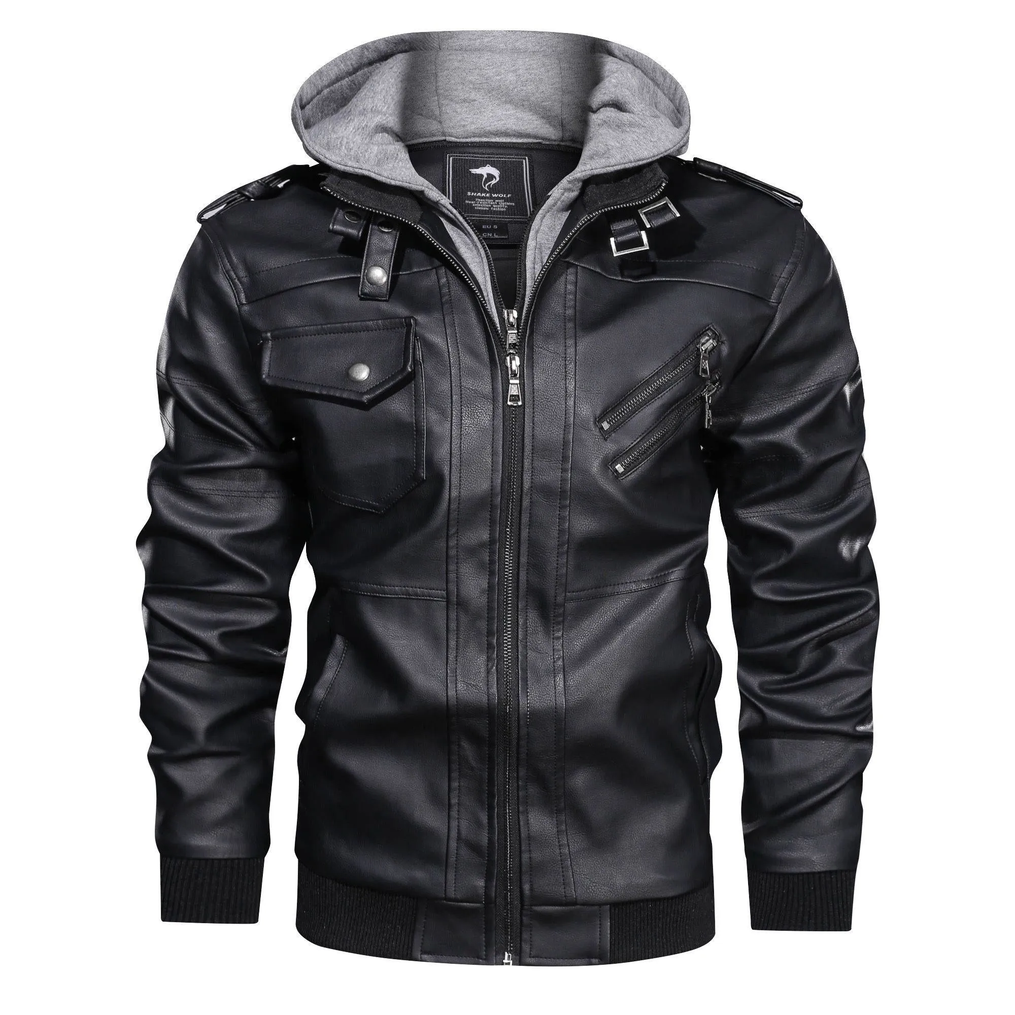 Hooded Stand-Up Collar Detachable Leather Jacket
