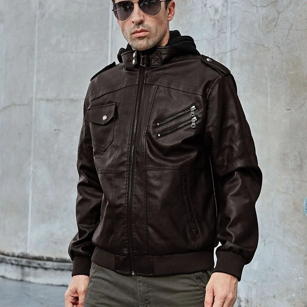 Hooded Stand-Up Collar Detachable Leather Jacket